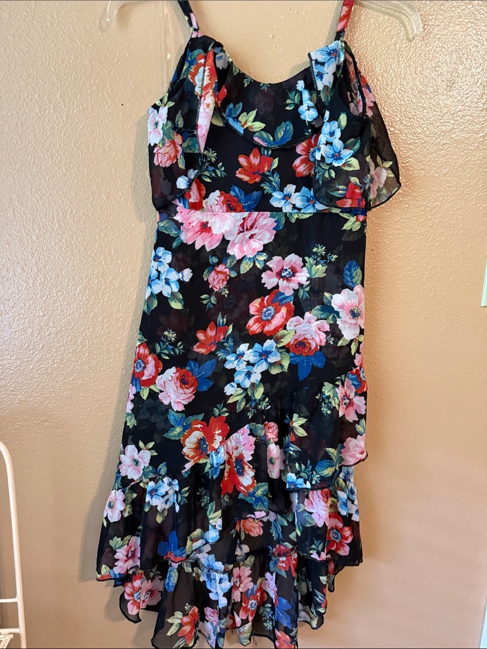 Emerald Sundae Black Floral Ruffled High-Low Slip Dress